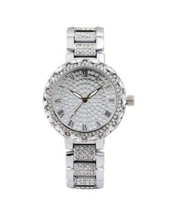 Rhinestone Inlaid Roman Scale Index Elegant Women Stainless Steel Wrist Watch - Silver