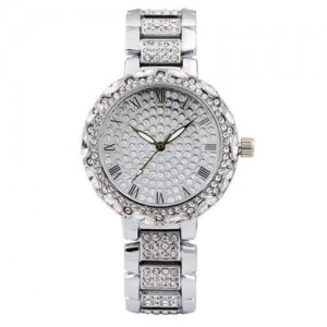 Rhinestone Inlaid Roman Scale Index Elegant Women Stainless Steel Wrist Watch - Silver