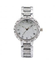 Rhinestone Inlaid Roman Scale Index Elegant Women Stainless Steel Wrist Watch - Silver