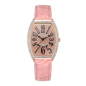 Rhinestone Decorated Wine Barrel Shape Roman Scale Index Women Fashion Leather Wrist Watch - Pink