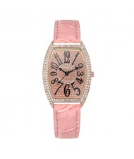 Rhinestone Decorated Wine Barrel Shape Roman Scale Index Women Fashion Leather Wrist Watch - Pink