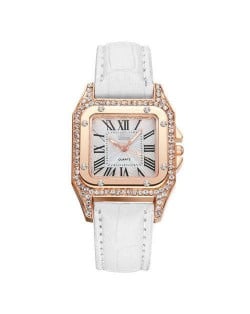 Classic Design Rhinestone Embellished Square Graceful Index Women Leather Wholesale Wrist Watch - White