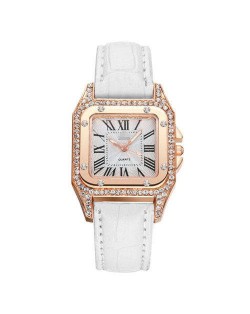 Classic Design Rhinestone Embellished Square Graceful Index Women Leather Wholesale Wrist Watch - White