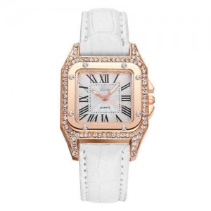 Classic Design Rhinestone Embellished Square Graceful Index Women Leather Wholesale Wrist Watch - White