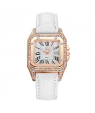 Classic Design Rhinestone Embellished Square Graceful Index Women Leather Wholesale Wrist Watch - White