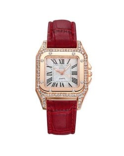 Classic Design Rhinestone Embellished Square Graceful Index Women Leather Wholesale Wrist Watch - Red