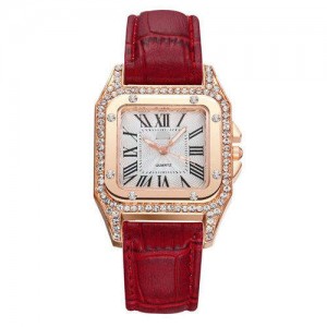 Classic Design Rhinestone Embellished Square Graceful Index Women Leather Wholesale Wrist Watch - Red