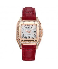Classic Design Rhinestone Embellished Square Graceful Index Women Leather Wholesale Wrist Watch - Red