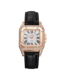 Classic Design Rhinestone Embellished Square Graceful Index Women Leather Wholesale Wrist Watch - Black
