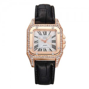 Classic Design Rhinestone Embellished Square Graceful Index Women Leather Wholesale Wrist Watch - Black