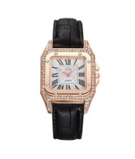 Classic Design Rhinestone Embellished Square Graceful Index Women Leather Wholesale Wrist Watch - Black