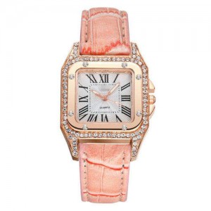 Classic Design Rhinestone Embellished Square Graceful Index Women Leather Wholesale Wrist Watch - Pink