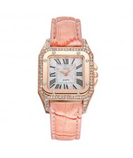 Classic Design Rhinestone Embellished Square Graceful Index Women Leather Wholesale Wrist Watch - Pink