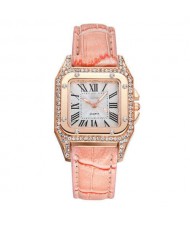 Classic Design Rhinestone Embellished Square Graceful Index Women Leather Wholesale Wrist Watch - Pink