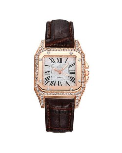 Classic Design Rhinestone Embellished Square Graceful Index Women Leather Wholesale Wrist Watch - Brown