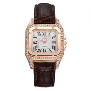 Classic Design Rhinestone Embellished Square Graceful Index Women Leather Wholesale Wrist Watch - Brown