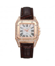 Classic Design Rhinestone Embellished Square Graceful Index Women Leather Wholesale Wrist Watch - Brown