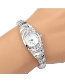 Unique Slim Design High Fashion Rhinestone Women Wholesale Wrist Watch - Silver