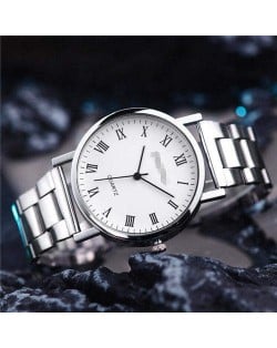 Simple Roman Numeral Dial Classic Design Stainless Steel Men Wrist Wholesale Watch - White