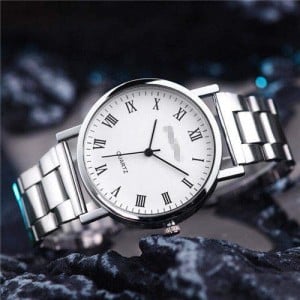 Simple Roman Numeral Dial Classic Design Stainless Steel Men Wrist Wholesale Watch - White