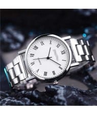 Simple Roman Numeral Dial Classic Design Stainless Steel Men Wrist Wholesale Watch - White