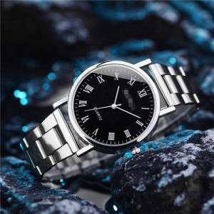 Simple Roman Numeral Dial Classic Design Stainless Steel Men Wrist Wholesale Watch - Black