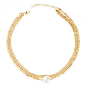Rhinestone Decorated Unique Multi-layer Chains Pearl Fashion Jewelry Wholesale Necklace - Golden
