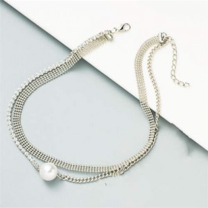 Rhinestone Decorated Unique Multi-layer Chains Pearl Fashion Jewelry Wholesale Necklace - Silver