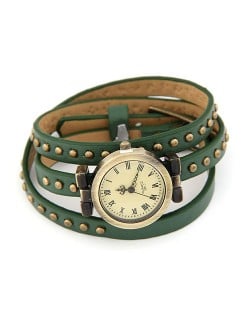 Rivets Fashion Army Green Leather Bracelet Woman Watch