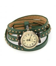 Rivets Fashion Army Green Leather Bracelet Woman Watch