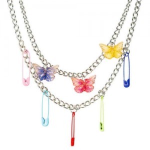 Colorful Wholesale Jewelry Pins and Butterflies Pendants Dual Layers Fashion Necklace