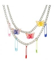 Colorful Wholesale Jewelry Pins and Butterflies Pendants Dual Layers Fashion Necklace