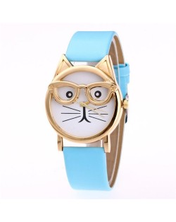 Cute Golden Glasses Cat Fashion Wrist Watch - Light Blue