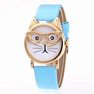 Cute Golden Glasses Cat Fashion Wrist Watch - Light Blue