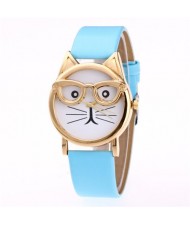 Cute Golden Glasses Cat Fashion Wrist Watch - Light Blue