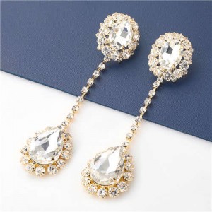 Waterdrop Shape High Fashion Wholesale Jewelry Rhinestone Women Long Earrings - Golden