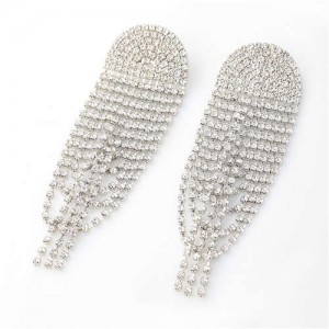 Super Shining Fan Shape Tassel High Fashion Wholesale Jewelry Banquet Women Alloy Costume Earrings - Silver
