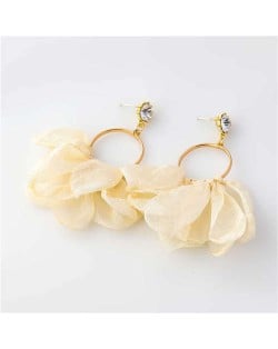 Cloth Tassel Floral Design U.S. High Fashion Women Hoop Wholesale Earrings - Beige