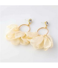 Cloth Tassel Floral Design U.S. High Fashion Women Hoop Wholesale Earrings - Beige