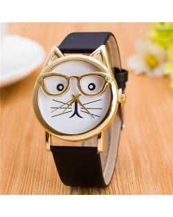 Cute Golden Glasses Cat Fashion Wrist Watch - Black