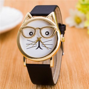 Cute Golden Glasses Cat Fashion Wrist Watch - Black