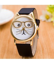 Cute Golden Glasses Cat Fashion Wrist Watch - Black