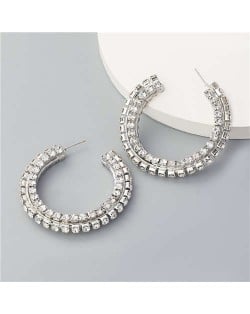 Shiny C-shaped Rhinestone Bold Party Fashion Women Hoop Wholesale Earrings - Silver