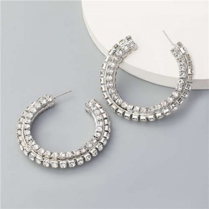 Shiny C-shaped Rhinestone Bold Party Fashion Women Hoop Wholesale Earrings - Silver