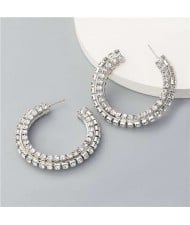 Shiny C-shaped Rhinestone Bold Party Fashion Women Hoop Wholesale Earrings - Silver
