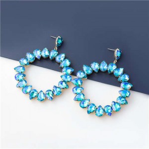 Round Shape Glistening Rhinestone Wholesale Jewelry U.S. Fashion Women Hoop Earrings - Blue