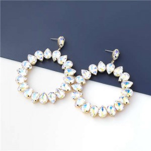 Round Shape Glistening Rhinestone Wholesale Jewelry U.S. Fashion Women Hoop Earrings - Luminous White