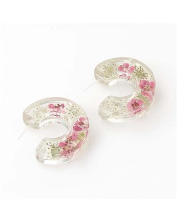 Vintage Wholesale Jewelry Style Crescent Shape Flower Inlaid Transparent Resin Earrings - Purple