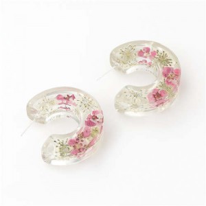 Vintage Wholesale Jewelry Style Crescent Shape Flower Inlaid Transparent Resin Earrings - Purple