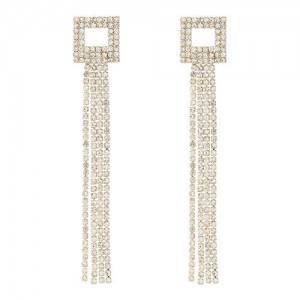 Korean Fashion Square Shape Bling Rhinestone Tassel Long Style Women Wholesale Earrings